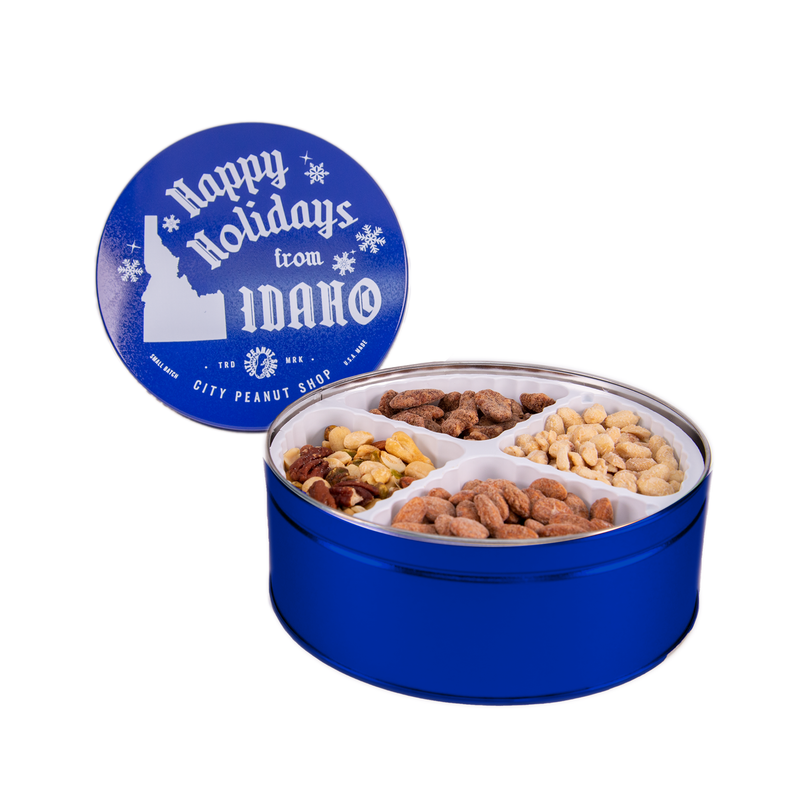 "HAPPY HOLIDAYS" TIN • LARGE BLUE 4-SECTION