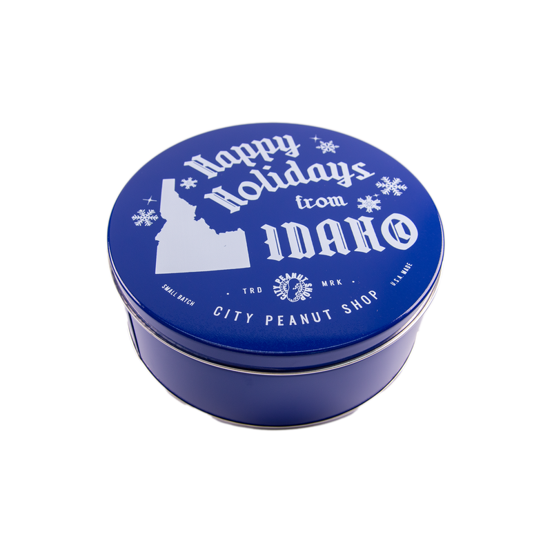 "HAPPY HOLIDAYS" TIN • LARGE BLUE 4-SECTION