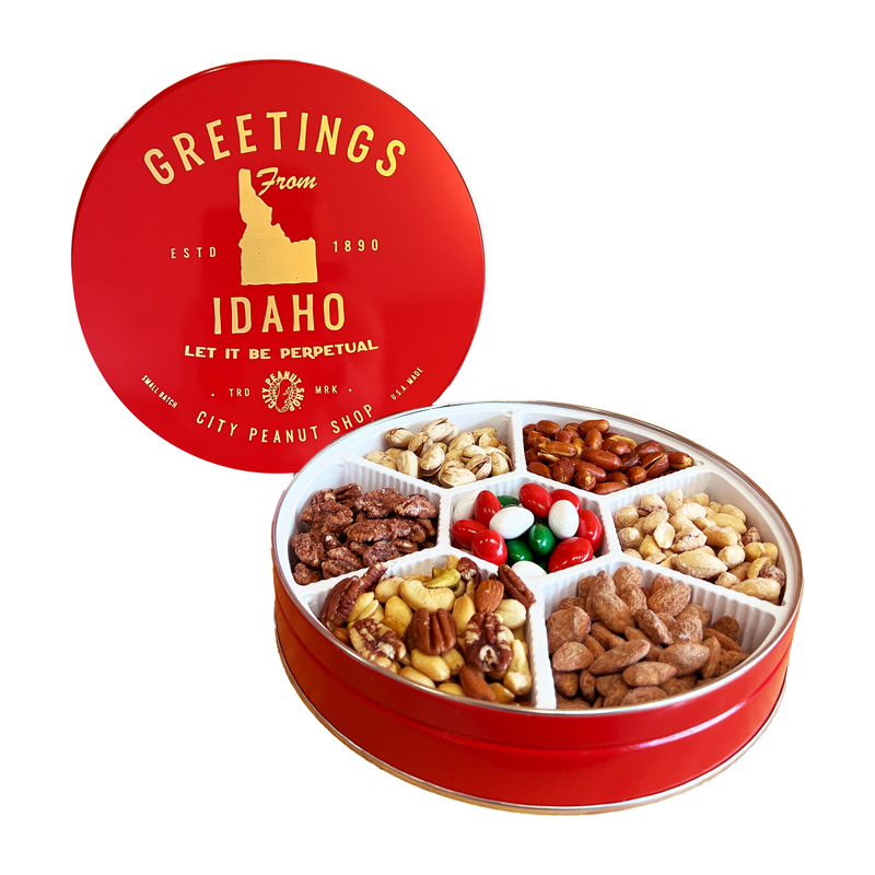 "GREETINGS FROM IDAHO" LET IT BE PERPETUAL TIN • LARGE RED/GOLD 7-SECTION