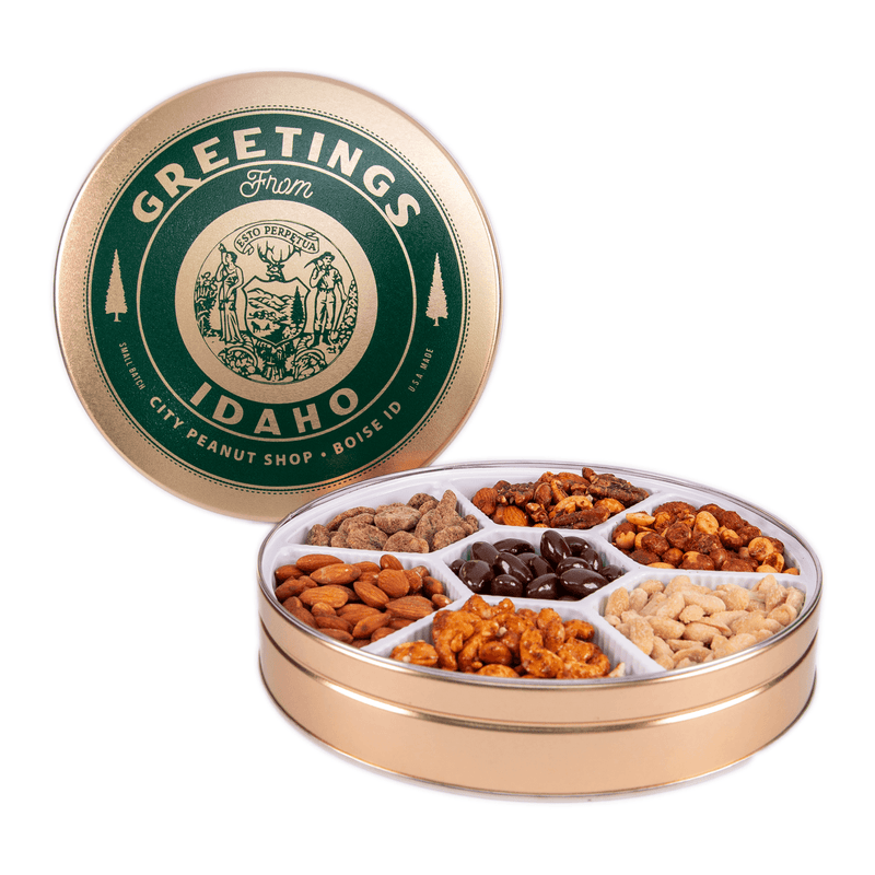 GREETINGS FROM IDAHO STATE SEAL TIN • LARGE 7-SECTION