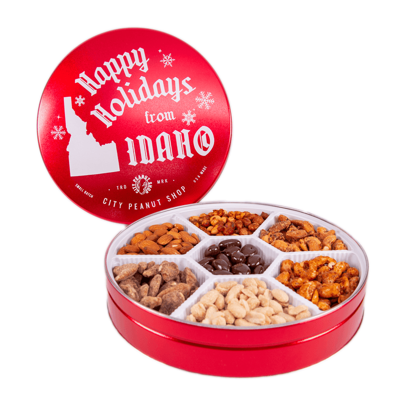 "HAPPY HOLIDAYS" TIN • LARGE RED 7-SECTION