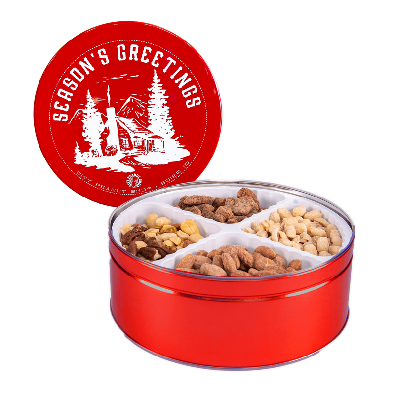 SEASONS GREETINGS TIN • LARGE RED 4-SECTION (2LBS NUTS)